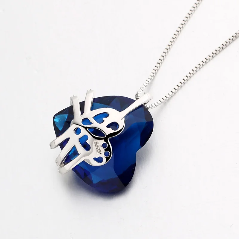 Sapphire Stone White Diamond Blue Gemstones Heart Figure Crystal 925 Sterling Sliver Pendant Necklaces For Women Jewelry Bijoux | Украшения