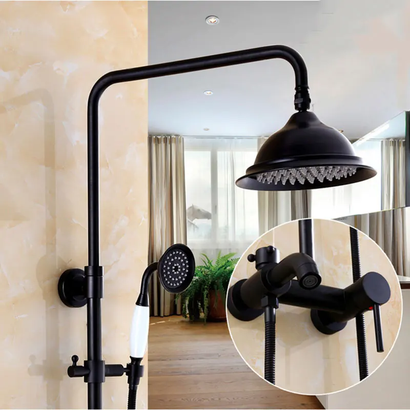 

European style black supercharged bathroom faucet brass mixer tap American hotel hanging wall style shower set 077