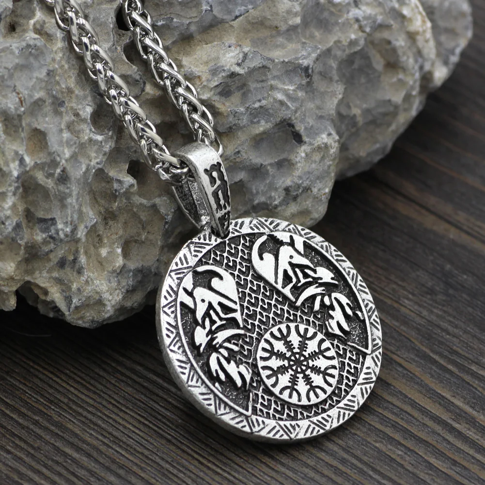 Мужчины Викинг один волк и Ворон с ожерелье подвеска компасом двойная сторона