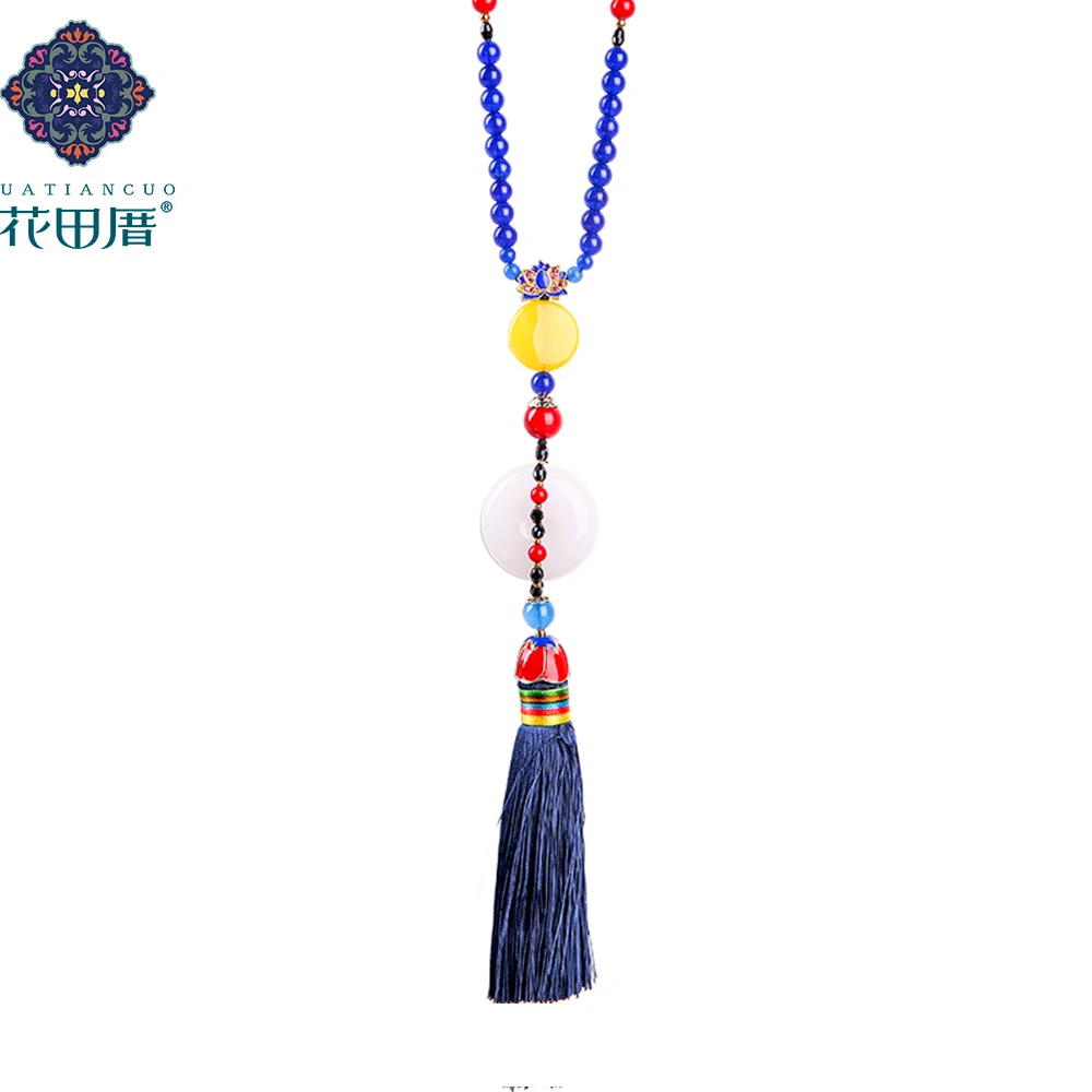 

Ethnic Taseel Handmade Pendant Necklace White Yellow Round J ade Buckle Red Stone Bead Alloy Flower Rope Woman Jewelry CL-17136