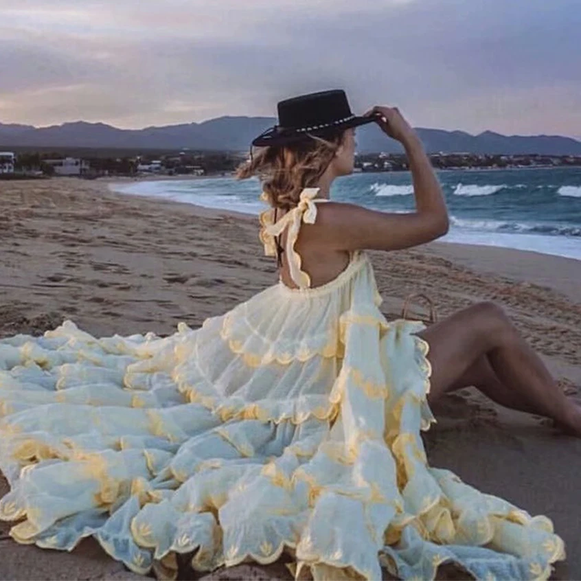 2019 Women's Ruffles Long Dress Solid Color Pure Cotton Cake Loose Pendulum Vacation Pleated Summer Strapless | Женская одежда