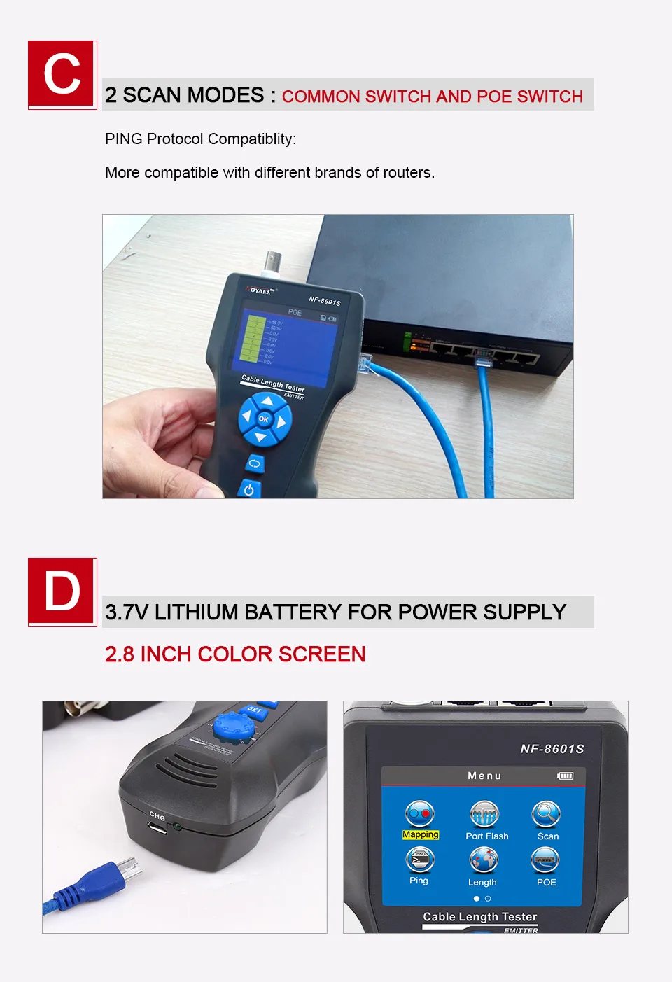 NOYAFA NF-8601S TDR тестер сетевой кабель тестер трекер RJ45 RJ11 lan длина кабеля телефонный трекер+ POE+ PING+ детектор напряжения