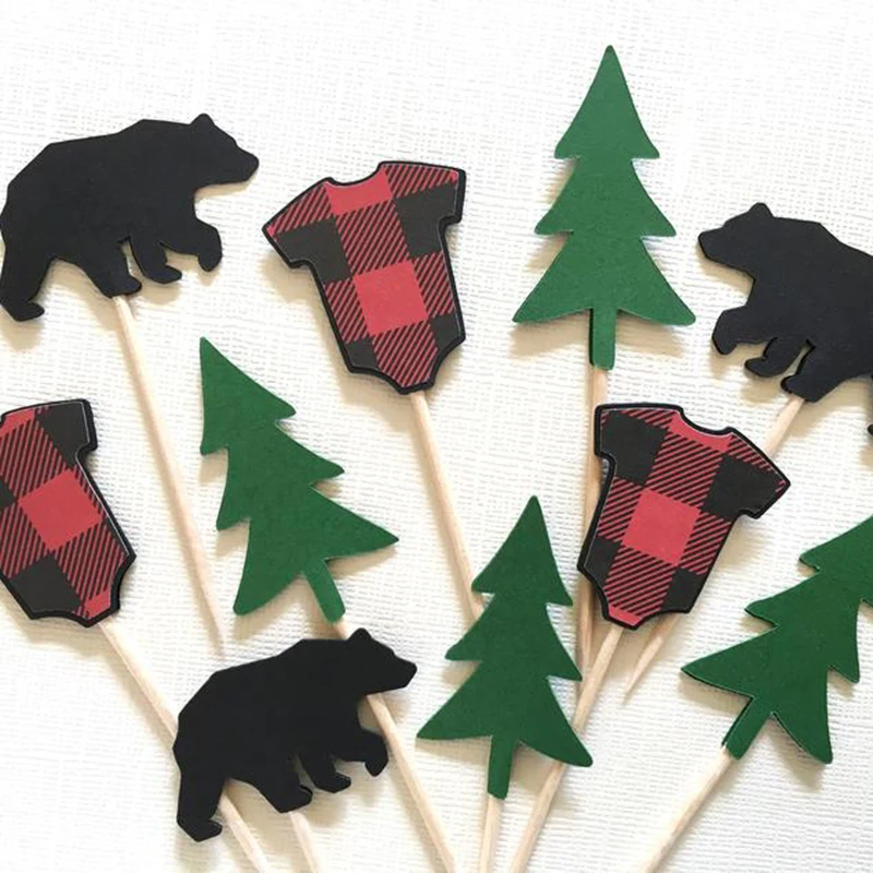 

Lumberjack Cupcake Toppers Woodland Baby Shower Forest Party Decor Buffalo Check ,Food Picks, Rustic, Party Supplies Set of 24