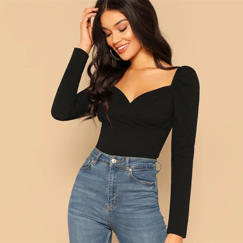 COLROVIE Black Solid Zip Back Fitted Wrap Sweetheart Elegant Blouses Women Spring Long Sleeve Shirt Sexy Office Ladies Tops