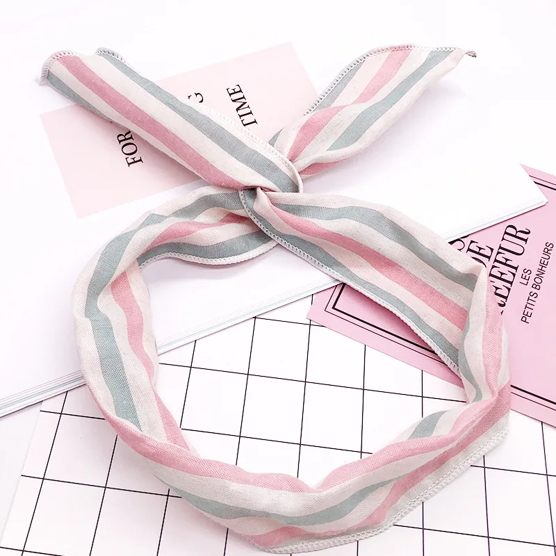 Милый сетчатый обруч для волос с полосками и цветочным принтом, лента с ушками кролика, металлический проволочный шарф, повязка на голову с бантом для самостоятельного изготовления, аксессуары для волос