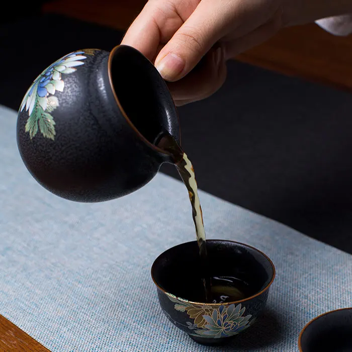 150 мл японская кружка с боковой ручкой яркая ручная роспись пион золотые линии