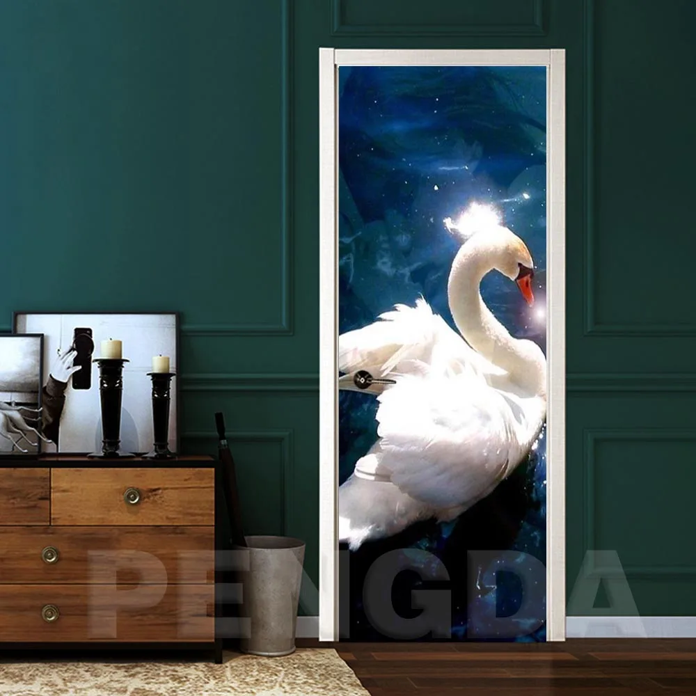3D Door Sticker DIY Home Decoration Decals Swan Animal Print Art Picture Self Adhesive Waterproof Mural For Bedroom Renovation | Дом и сад