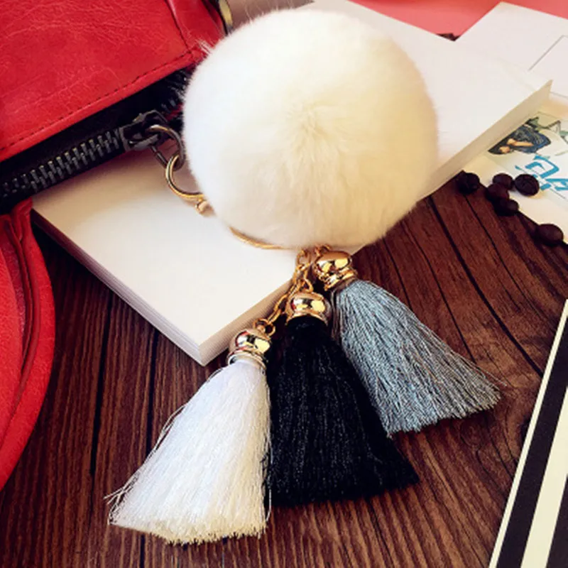 

10pcs Fashion Women Rabbit Fur Cony Hair Ball Pompom Key Chains Charms Thrice Tassel Keychain Handbag Key Ring Pendant Jewelry