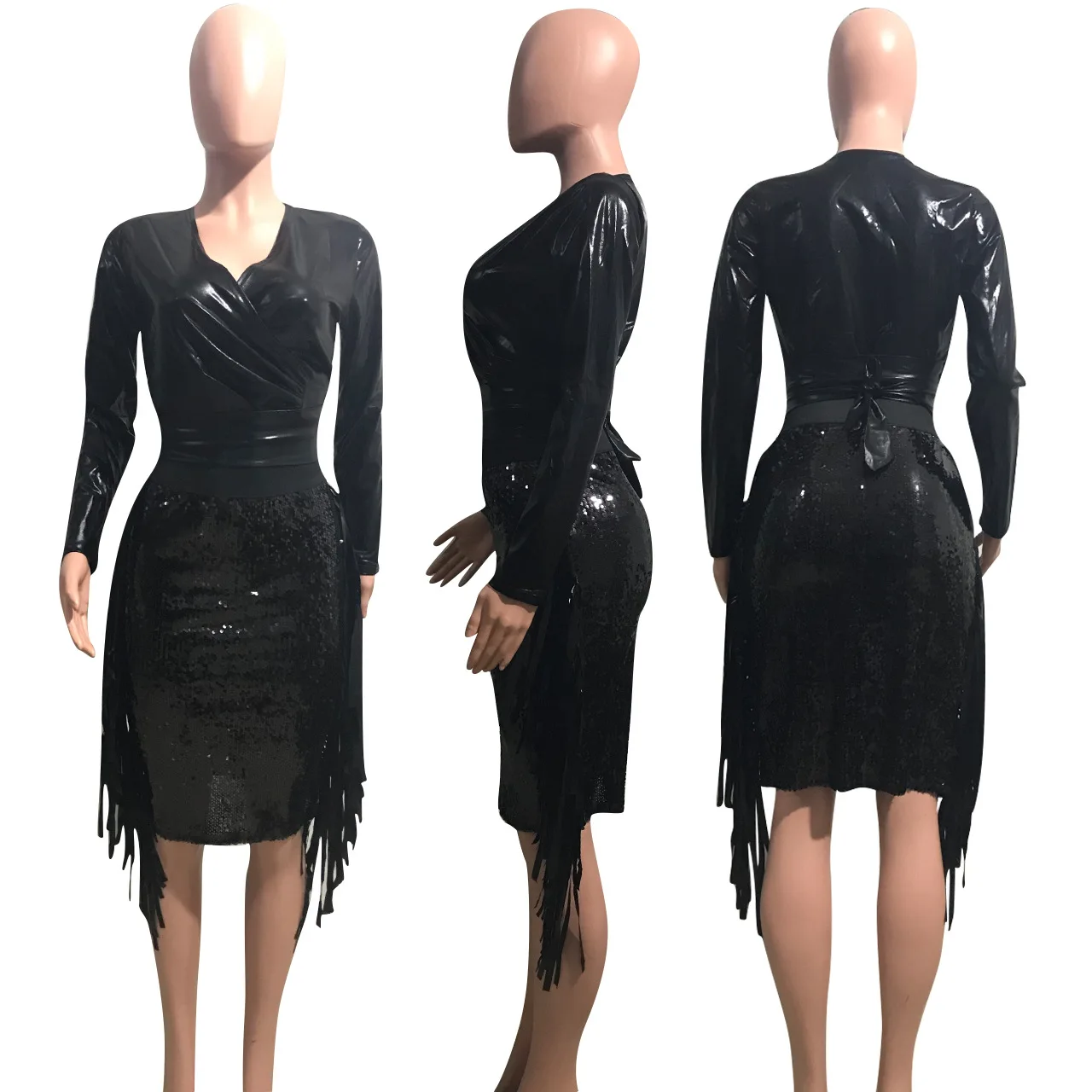 Женская мода 2 шт наборы ПУ топы блестки юбка сексуальный комплект из двух частей