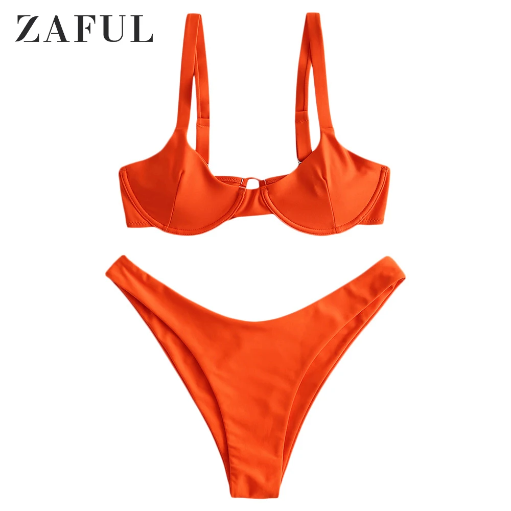 Dark Orange ZAFUL, бикини с завязками, на косточках, балконет, комплект бикини, на бретелях, Одноцветный, для женщин, летний купальник, сексуальный, для женщин, на бретельках, купальник - Цвет: Dark Orange