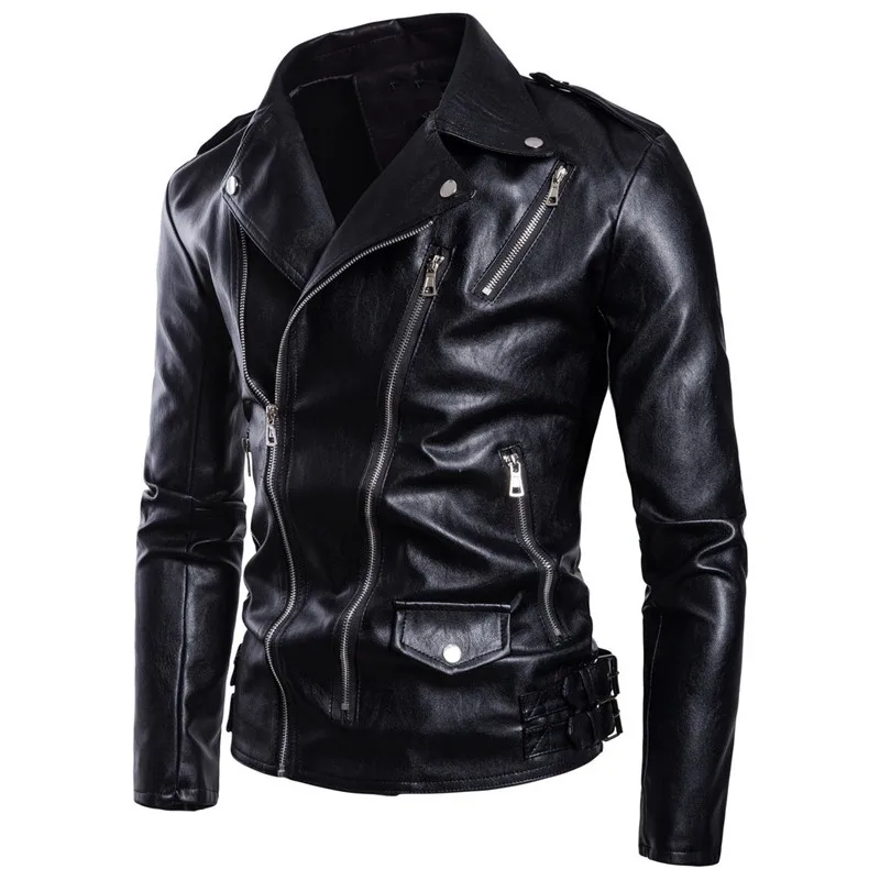 

2018 Autumn New High-end Men's Locomotive Large size Leather Multi-zip Lapels Leather jacket Black PU jacket M-5XL