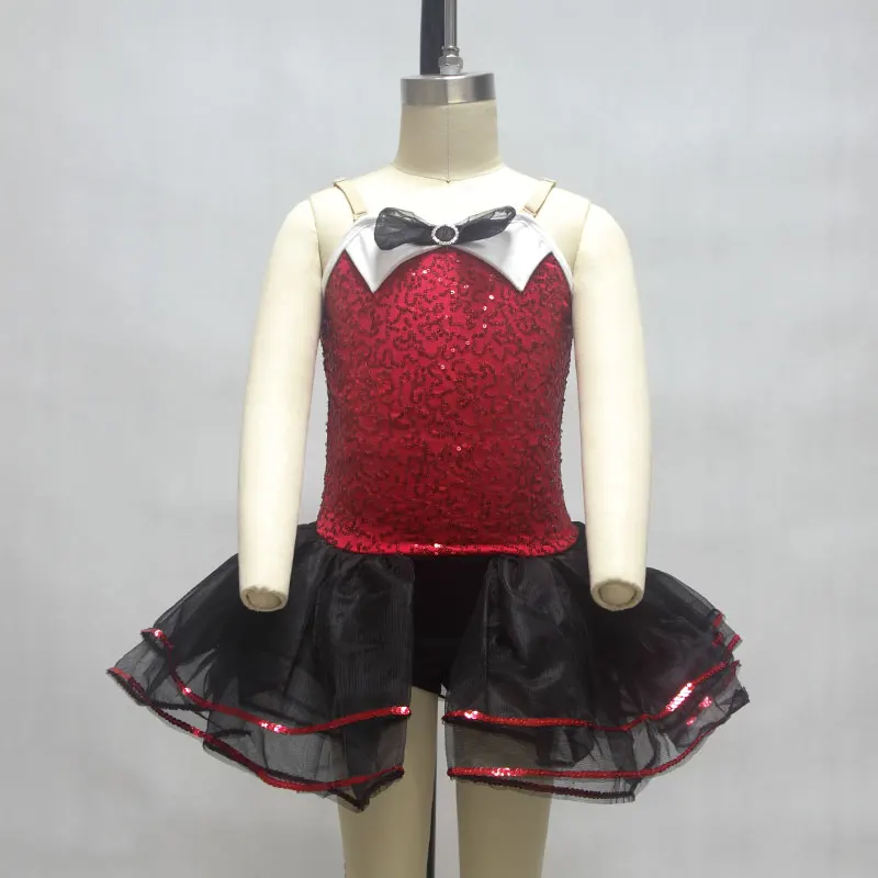 

New Shining Red Sequin Bodice Black Leotard Child Ballet Tutu Girls Ballerina Stage Performance Costume Kid Jazz/Tap Dance Dress