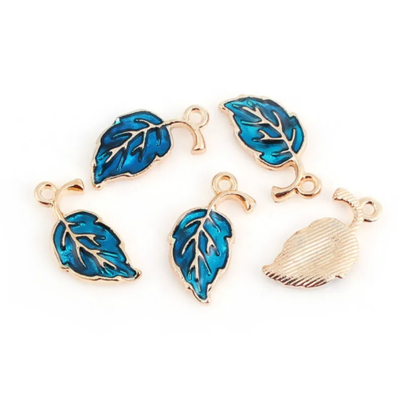 Doreen Box Zinc Based Alloy Vintage Pendent Gold Color Green/Blue/Yellow Plant Leaf Enamel 20mm( 6/8&quot) x 10mm( 3/8&quot) 20 PCs |