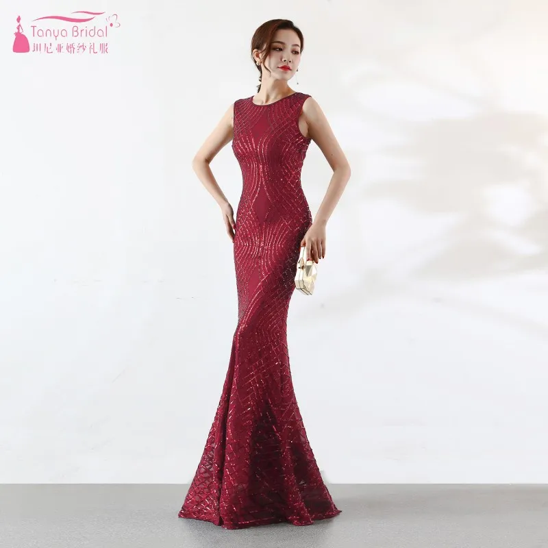 

Burgundy Mermaid Long Bridesmaid Dresses 2019 Sequins Formal Women Dress Fashion vestido de festa longoJQ136