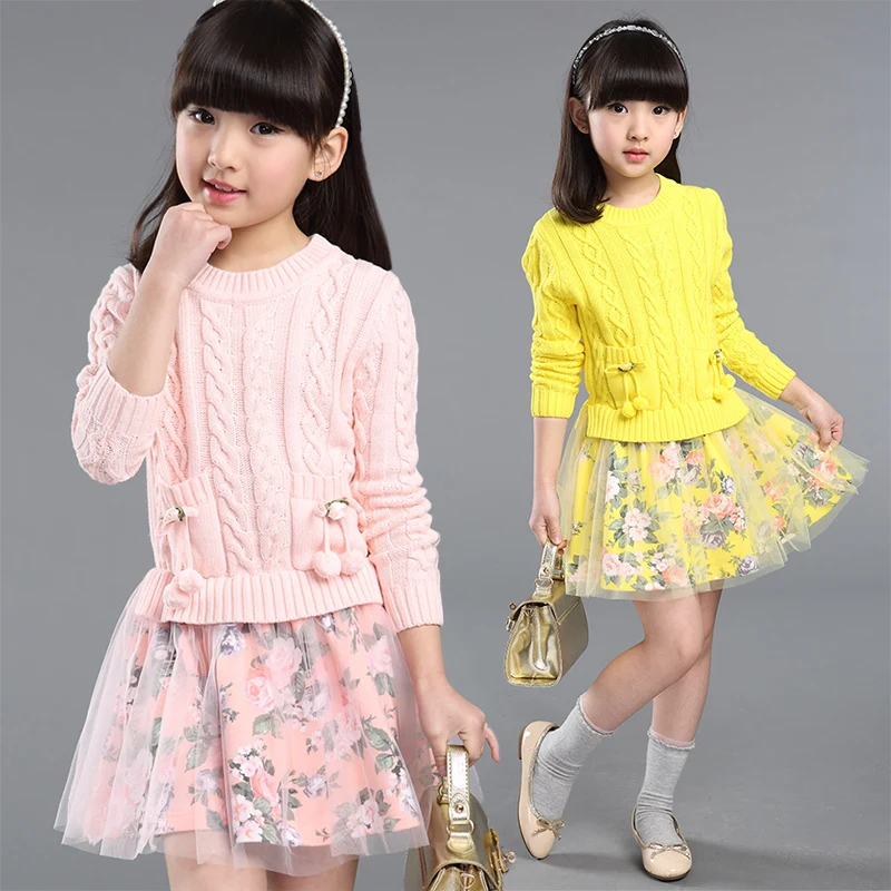 2019 new Autumn girl Dress children clothing fashion patchwork kintted floral princess dress kids girls clothes age 3-15Y | Детская