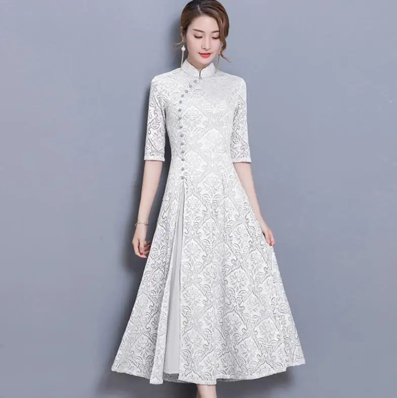 2 new vintage Lace Long dress women Summer Chinese Style A-Line dress Solid color Half sleeve Ankle-Length dress women - Цвет: 2