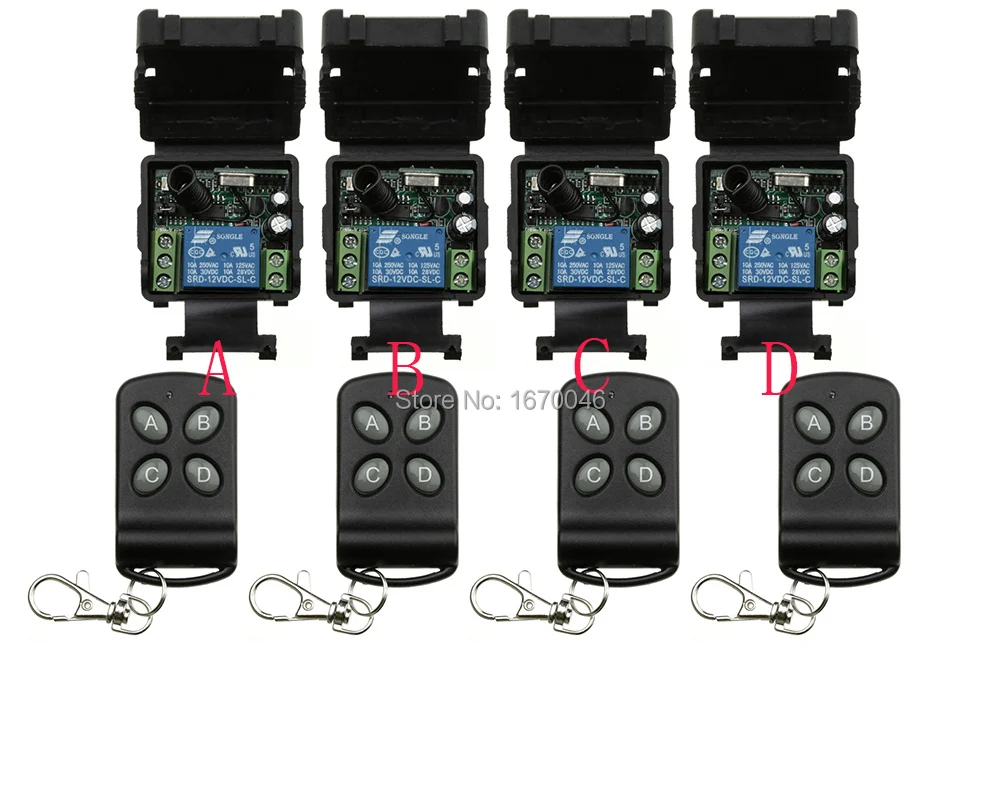 

RF Wireless DC 12V Remote Control Switch 1CH Interruptor 10A 4*Receiver & 4*Transmitter light /lamp/ window/Garage Doors