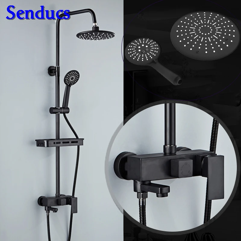 Senducs Brass Bathroom Shower Set Hot Sale Round Top Shower Black Bathroom Shower System Rainfall Black Shower Set