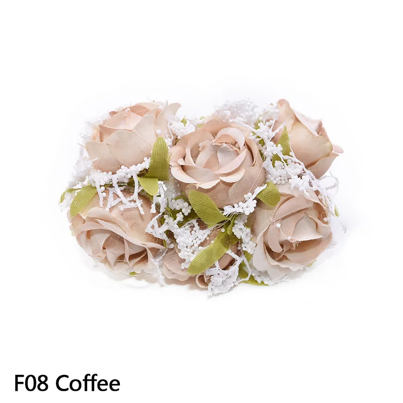 F08 Coffee 12 шт./лот, искусственный кружевной материал, букет роз, искусственный цветок из пенопласта, сделай сам, Плетенный венок, украшение для свадьбы, дома - Цвет: F08 Coffee