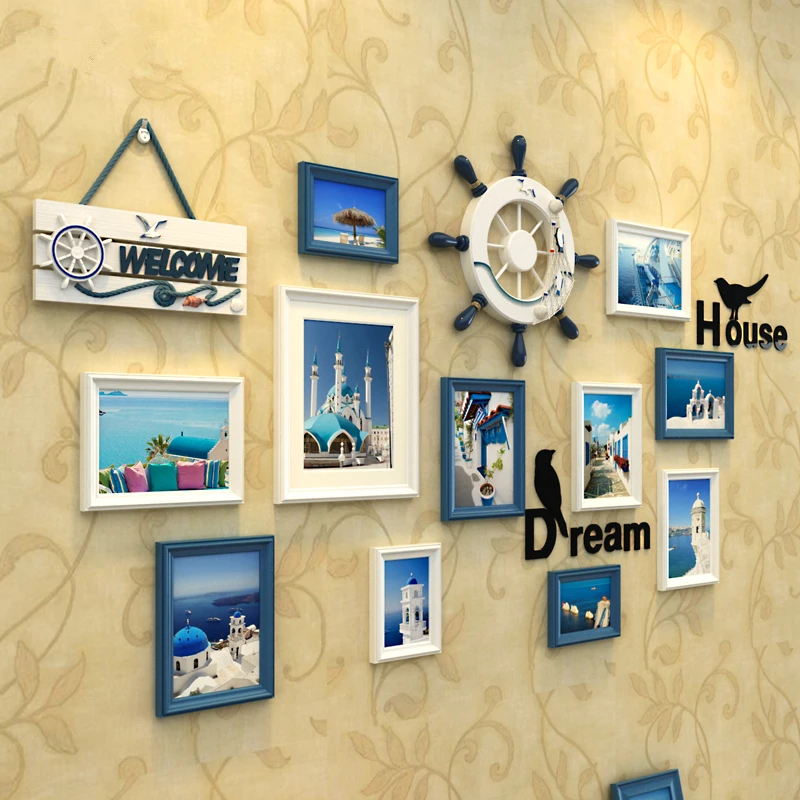 Mediterranean Style 11 pcs/set Wooden Photo Frame Vintage Black White Blue Picture Frames Wall Creative Collage Set | Дом и сад