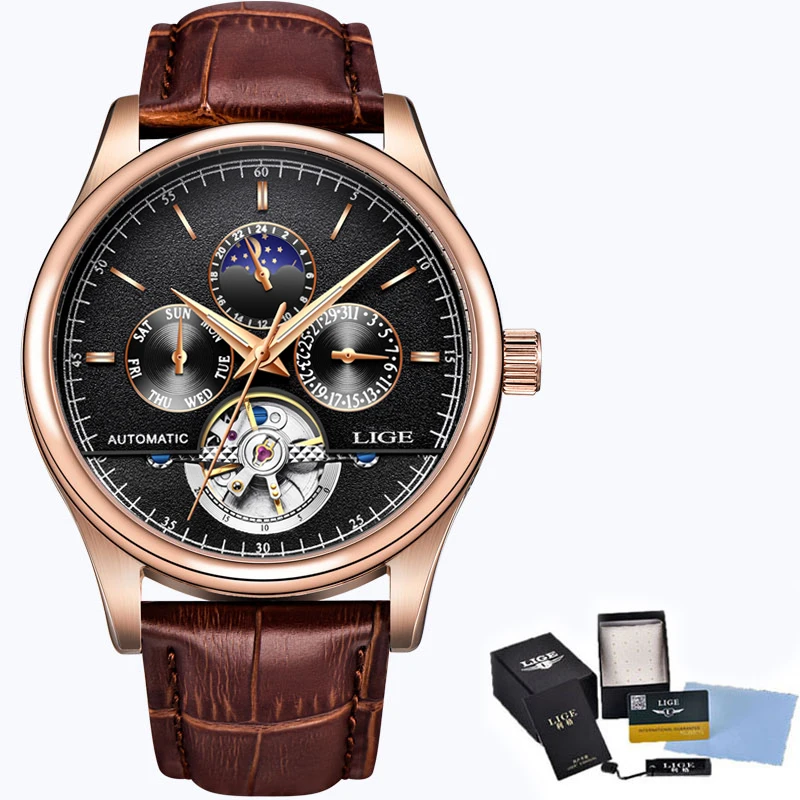 

2019 Роскошные брендовые LIGE модные кожаные часы Tourbillon Автоматические Мужские часы Мужские механические стальные часы Relogio Masculino