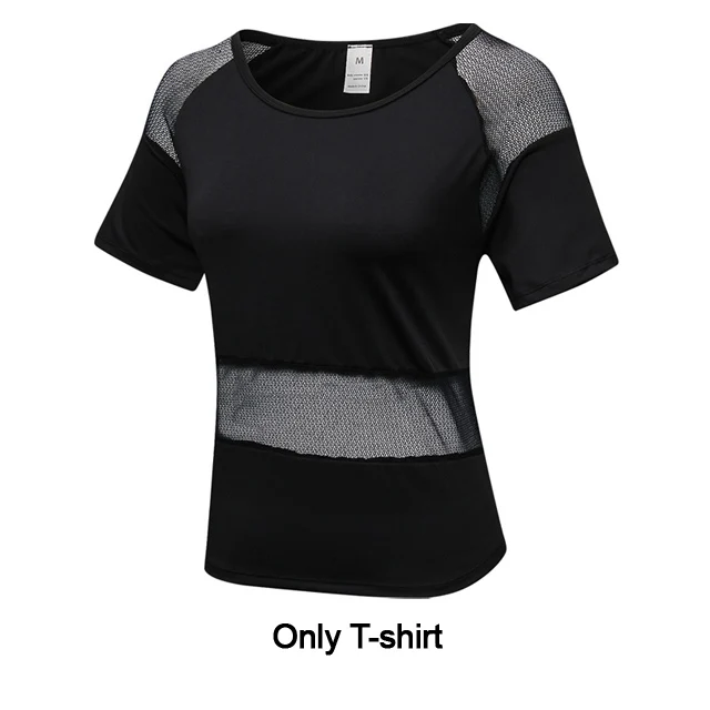 Black T-shirts Спортивный костюм для женщин, футболка для йоги+ штаны, набор для фитнеса и йоги, сетчатый комплект для тренировок, спортзала, бега, Лоскутная Спортивная одежда для бега - Цвет: Black T-shirts