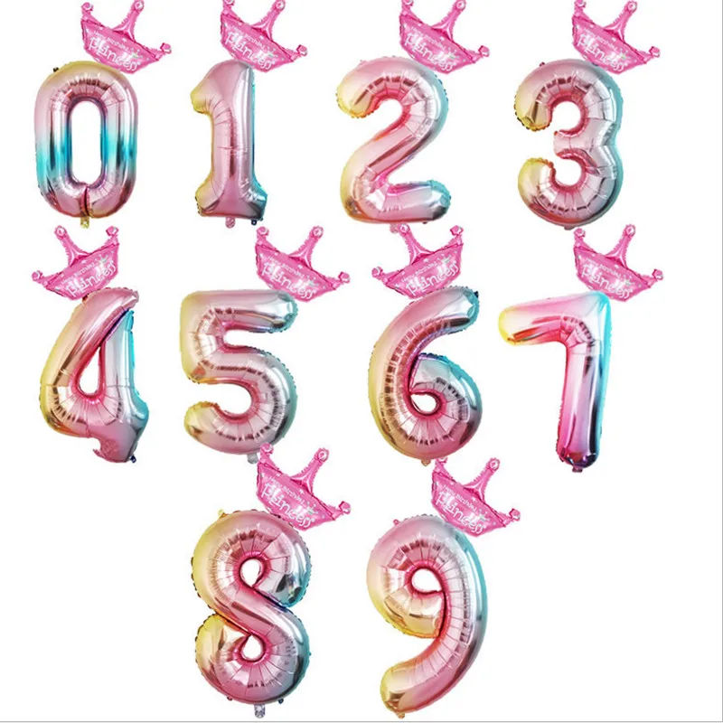 32inch Rainbow Number Balloons with Crown Baby Shower First Birthday Party Air Balloon Unicorn Foil Girls-S | Дом и сад