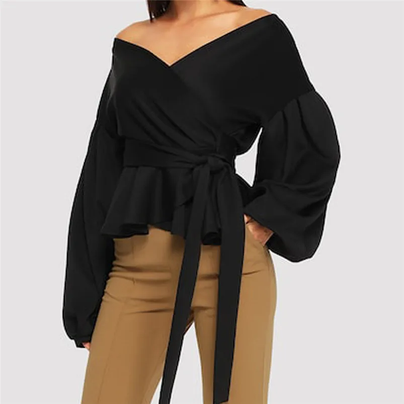 Женский топ с длинным рукавом V образным вырезом и фонариком| |