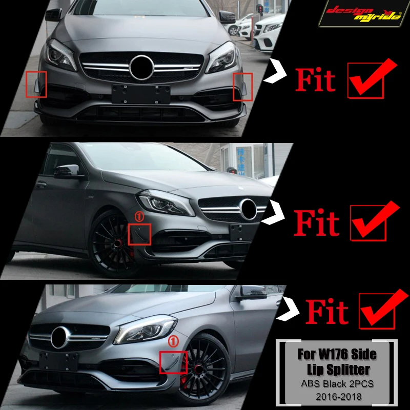 For Mercedes W176 A Class Sports Front Bumper Lip Splitter Canards 2pcs ABS Gloss Black A45 Style A180 A200 A220 A250 2016-2018 |