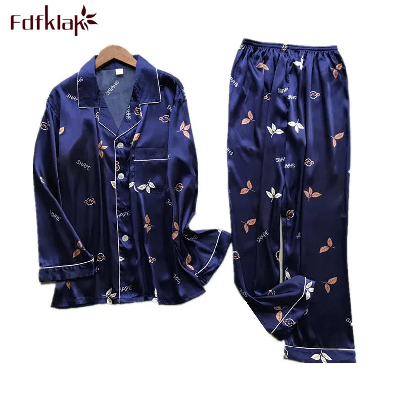 Fdfklak New nightclothes men pajama set long sleeve silk print casual home clothes male sleepwear pyjama suit pijama hombre