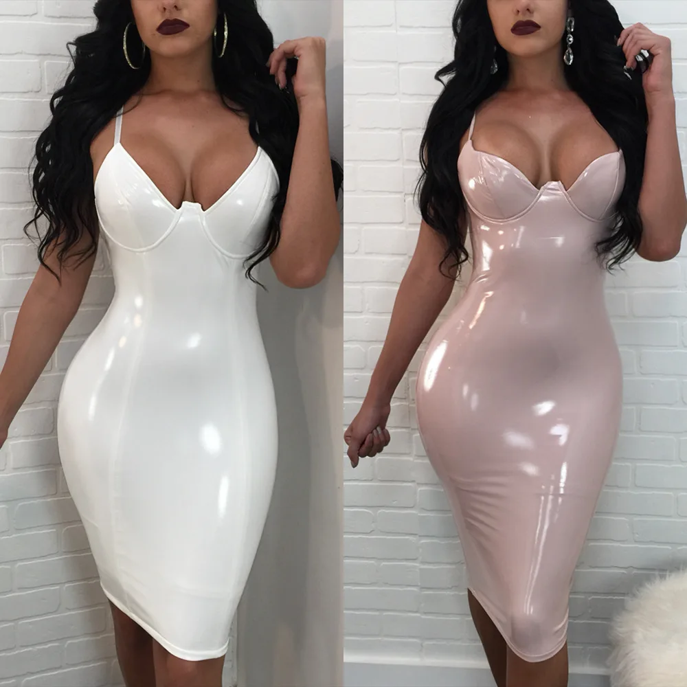 Женское облегающее платье из ПУ кожи без рукавов на тонких бретелях|dress bodycon|ladies
