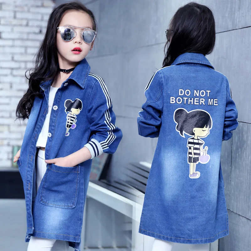 Spring Clothing Jeans Coat for Girls Denim Jackets Cartoon Children Outerwear Kid Active Autumn Clothes Teenager Long Trench Top | Детская