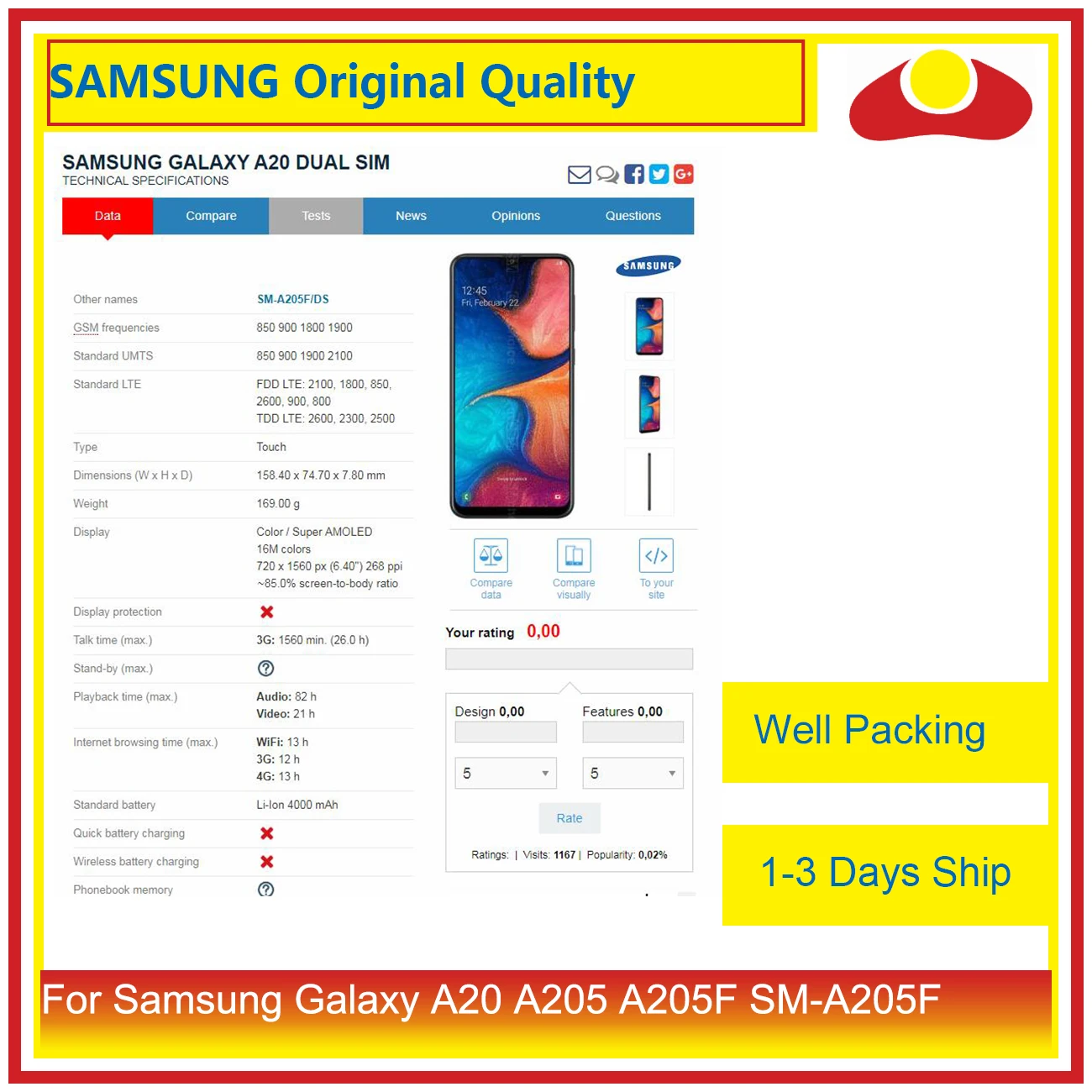 

10Pcs/lot DHL For Samsung Galaxy A20 A205 A205F SM-A205F LCD Display With Touch Screen Digitizer Panel Pantalla Complete