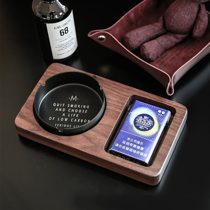 

Europe Style Round Metal Ashtrays Creative Natural Wood Desk Organizers Home/Bar Cigarettes Holder Nordic Table Decor