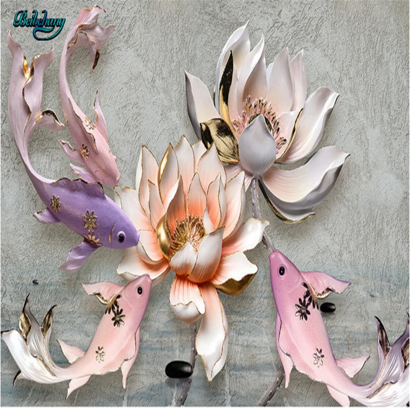 

beibehang Custom Nonwovens Wallpaper Mural New Chinese Relief Lotus Fish Retro Fresh Chinese TV Backdrop Wall