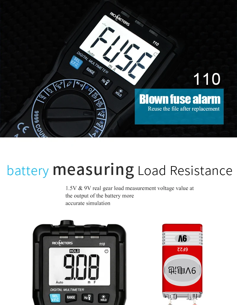 Цифровой мультиметр RICHMETERS 110 TRUE-RMS 9999 отсчетов NCV подсветка AC DC Напряжение Ток Сопротивление тестер батареи