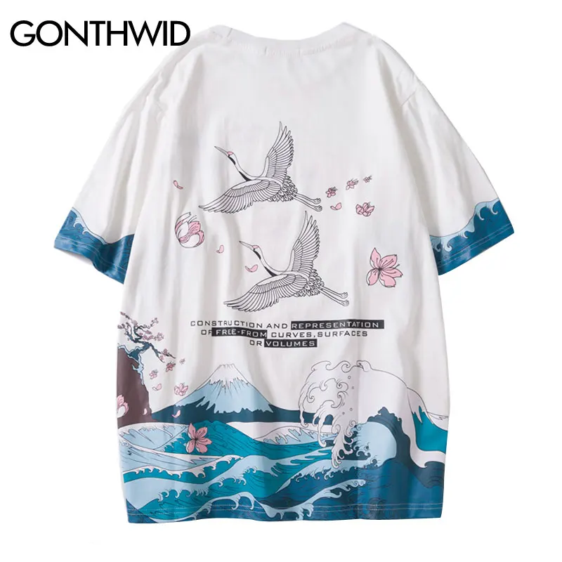 GONTHWID Harajuku японский журавль волна вишни печати футболки хип хоп 2019 Летние