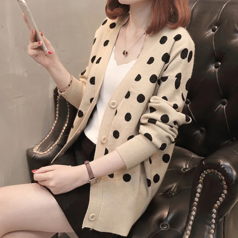 Korean Autumn 2018 Preppy Button Cardigan Women Polka Dot V-neck Sweet Girl Lady Knitted Mujer Clothes Sweater |