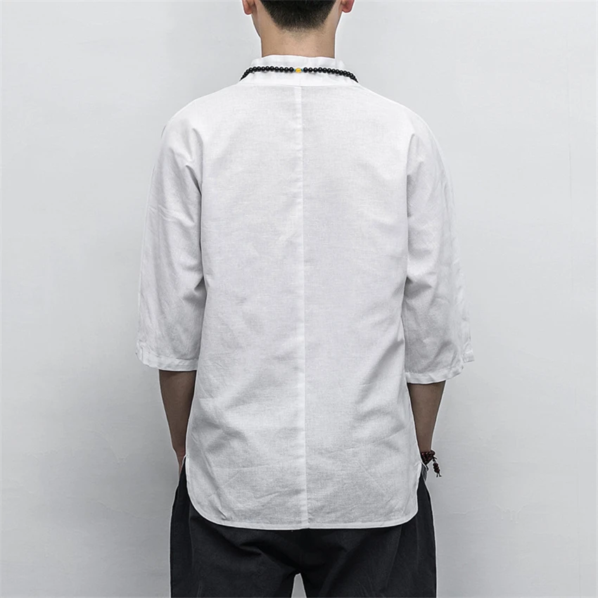 

M-5XL Retro Chinese Style Shirts Man Summer Casual V-neck Tai Chi Uniform Men Linen Solid Half Sleeve Beach Chinese Tops