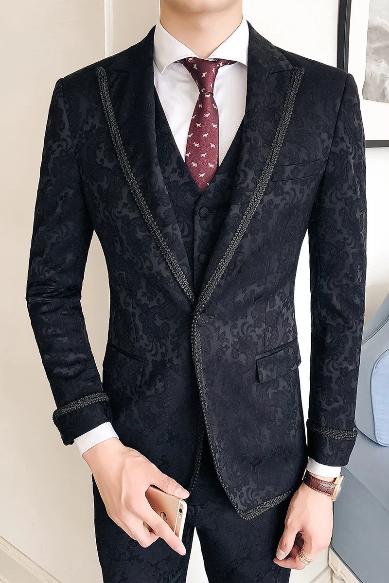 

Loldeal Men's Floral 3-Pieces Suit Slim Fit Shawl Lapel One Button Embroidery Dress Blazer Jacket Pants Tux Vest