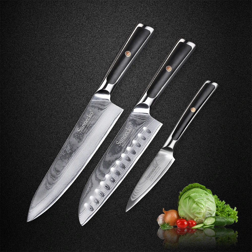 

SUNNECKO 3pcs Damascus Kitchen Knives Set 73 Layers Japanese VG10 Core Steel Blade G10 Handle Chef Santoku Paring Cooking Knife