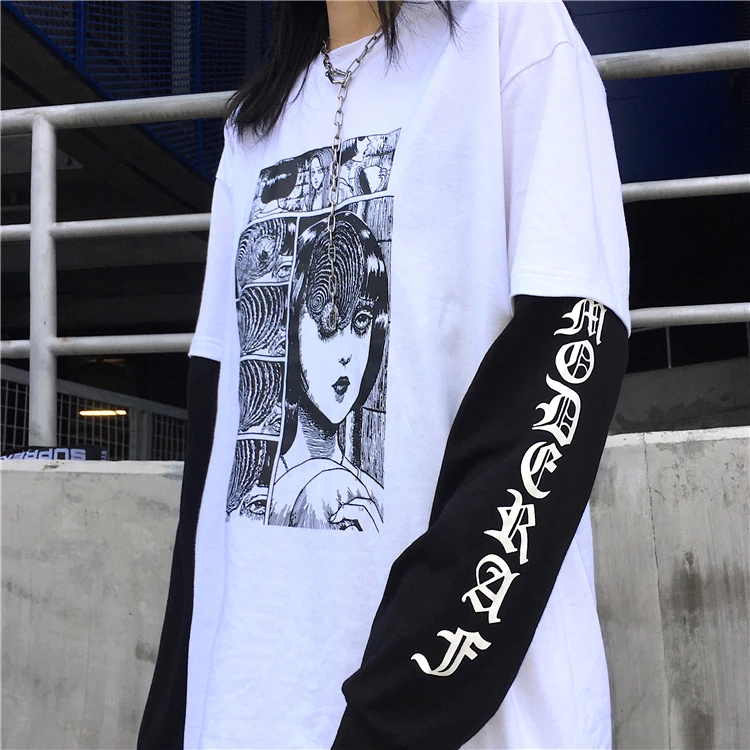 

Harajuku Streetwear Tshirt Women Long Sleeve Tops 2019 Spring Korean Ulzzang Comic Printed Fake 2 Piece T-shirt Female T Shirt