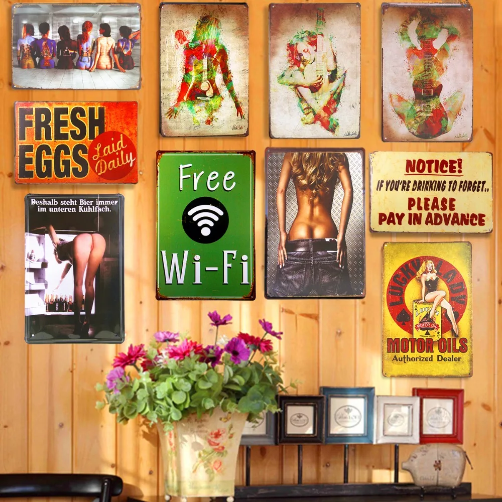 Металлическая Оловянная табличка с изображением девушке в стиле пин ап Wi Fi для