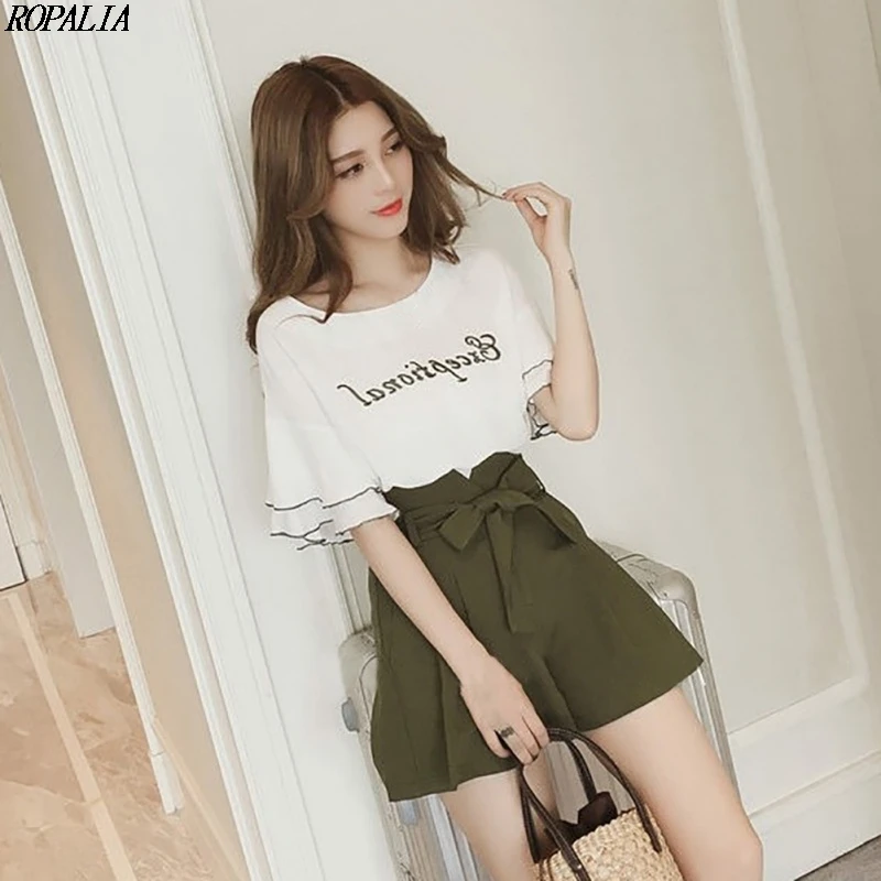 2 шт./компл. комплект из топа с короткими рукавами-лепестками и шорт круглым