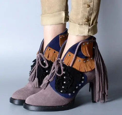 Ботильоны женские замшевые с бахромой модные классические ботинки на высоком