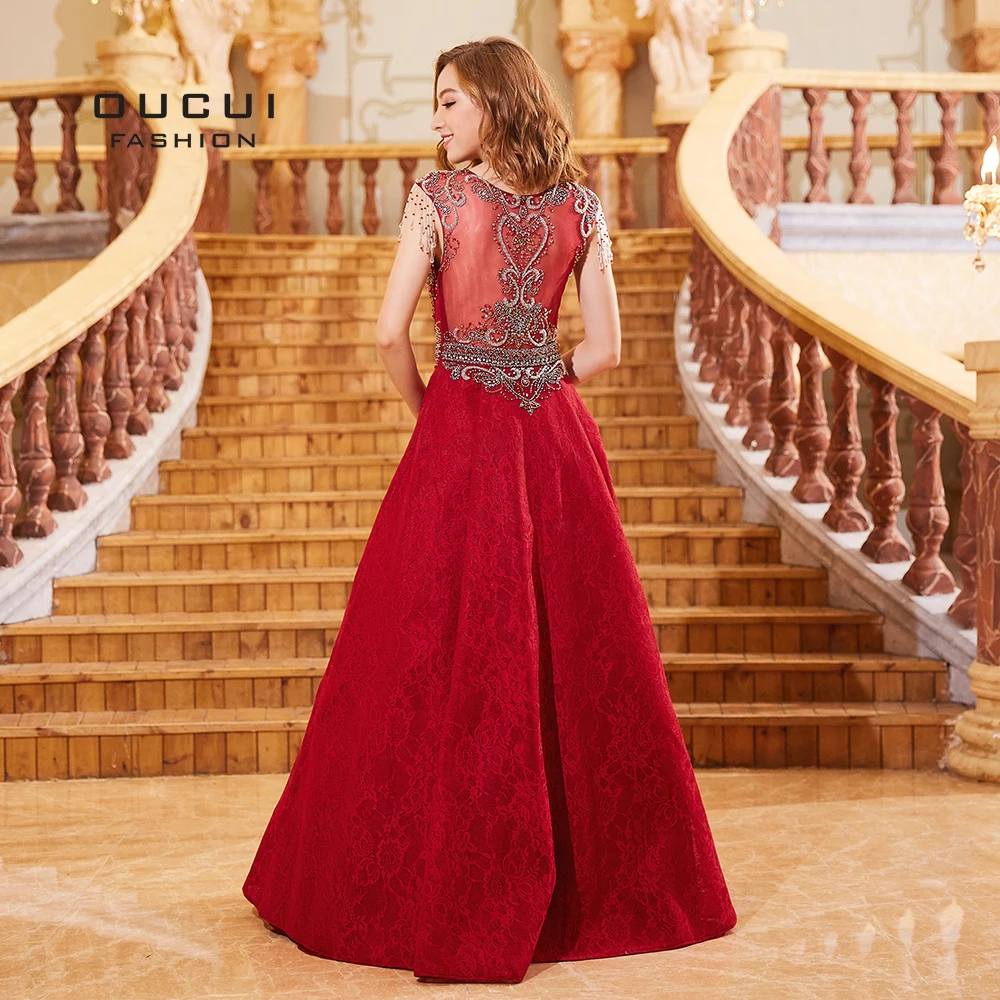 2019 Newest Red Ball Gown Lace Evening Dresses Cap Sleeve Tassel Beading Crysrtal Prom Dress Elegant Vestido Wear Party OL103291
