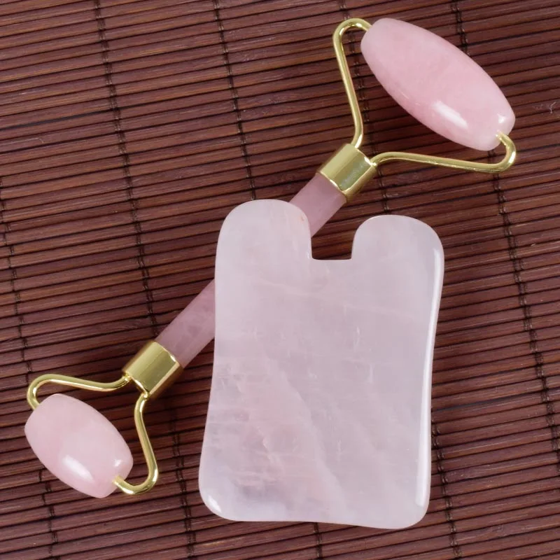 1 set 2 pieces Ролик для лица Gua Sha инструмент массажный набор Китай традиционный натуральный розовый кварц спа иглоукалывание выскабливание тела лечебный камень макияж - Цвет: 1 set 2 pieces