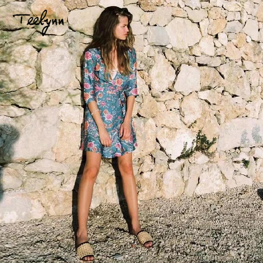 TEELYNN мини накидка платье футболка с коротким рукавом v образным вырезом короткие