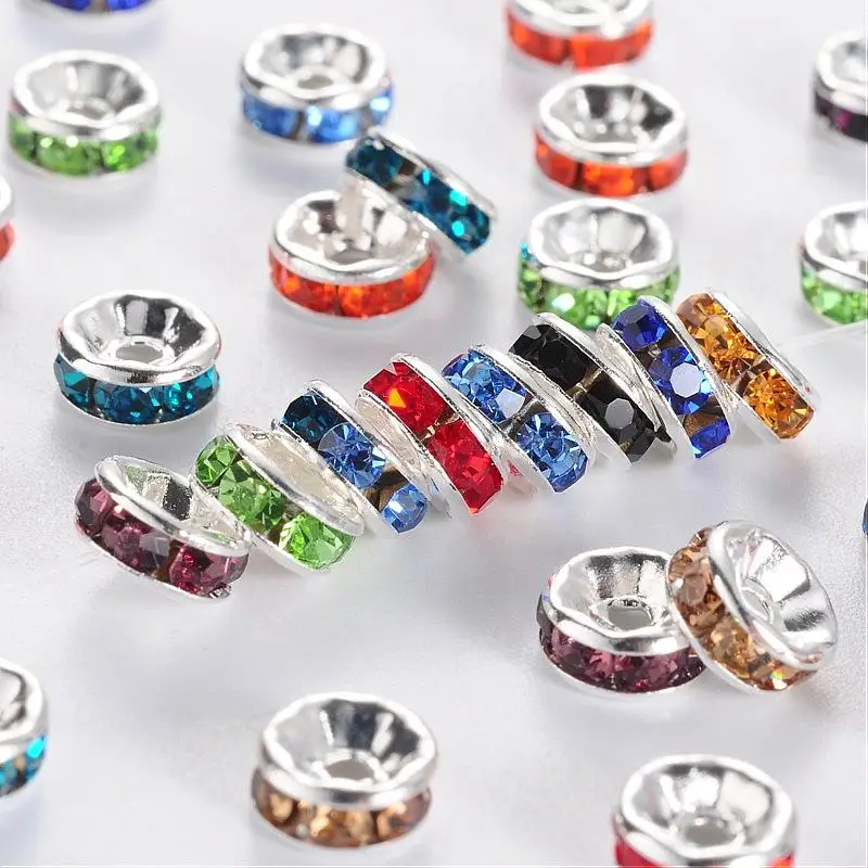 

100Pcs Mixed Color Brass Grade A Rhinestone Spacer Beads Silver Color, Nickel Free, 6x3mm, Hole: 1mm
