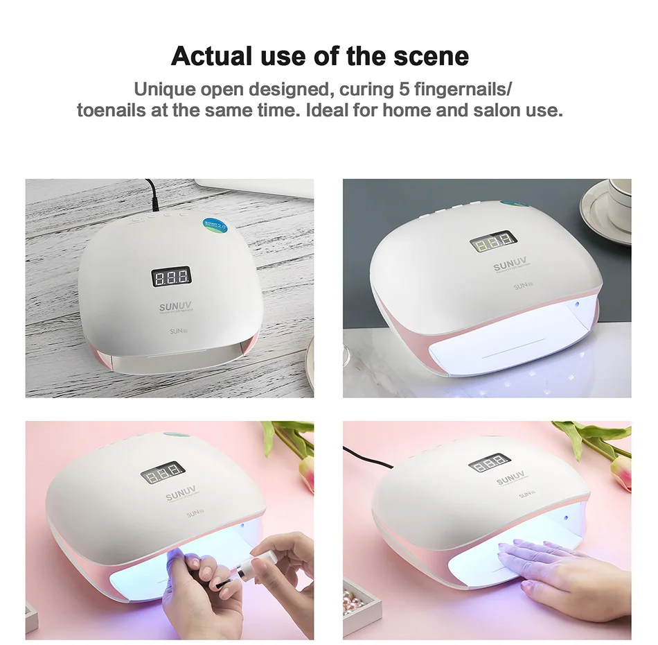 SUNUV SUN4S 48 Вт УФ светодиодный Сушилка для ногтей гибридная лампа для ногтей Гель-лак с умным сенсором ЖК-дисплей маникюр Дизайн ногтей салон розовый